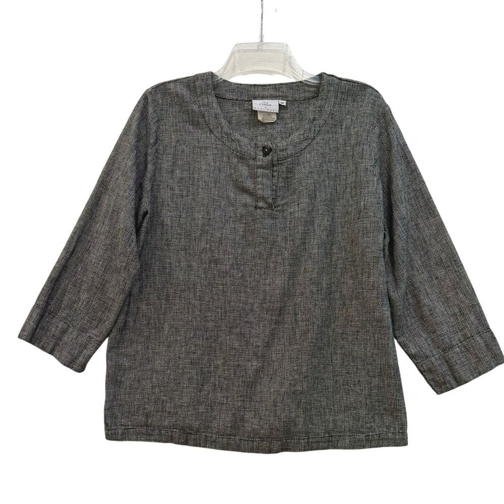Hot Cotton by Marc Ware Grey Linen Blend Split Neck 3/4 Sleeve Top Medium